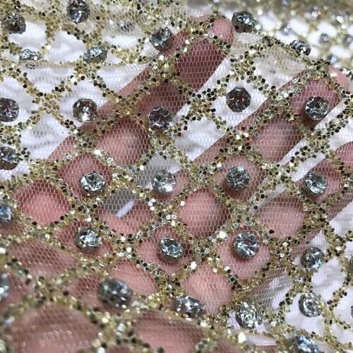 2021 Champagne Luxury Design Sequence and Stone Net Lace with Full Beads Fabric Plaid Mesh Voile Tulle with Rhinestone for Dress