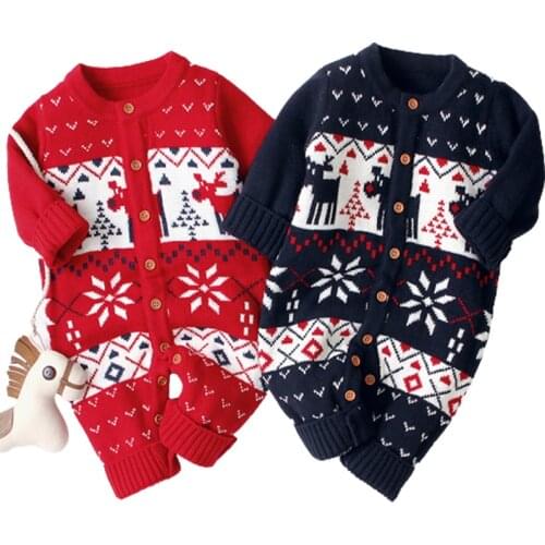 Baby Boys Christmas Rompers Reindeer Knitted Infantil Jumpsuits Toddler Girls New Years Costume Children Warm Wool Clothes 0-3Y