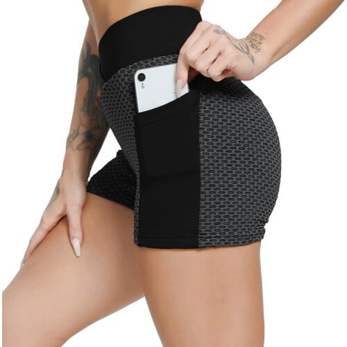 Sexy Womens Sport Shorts Special Mesh Textured Pocket Shorts Female High Waist Athletic Gym Workout Fitness Short Leggings