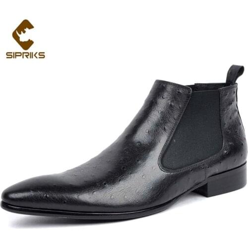 Sipriks 2020 Winter Keep Warm Real Leather Boots Pointed Toe Chelsea Boot Black Brown Printed Ostrich Skin Ankle Cowboy Boots 44