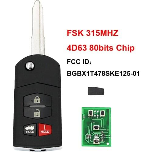 Folding Flip 3+1/4 Button Remote Key FSK 315MHZ 4D63 80Bit Chip FCC ID: BGBX1T478SKE125-01 For Mazda 3 6 MX-5 Miata Uncut Blade