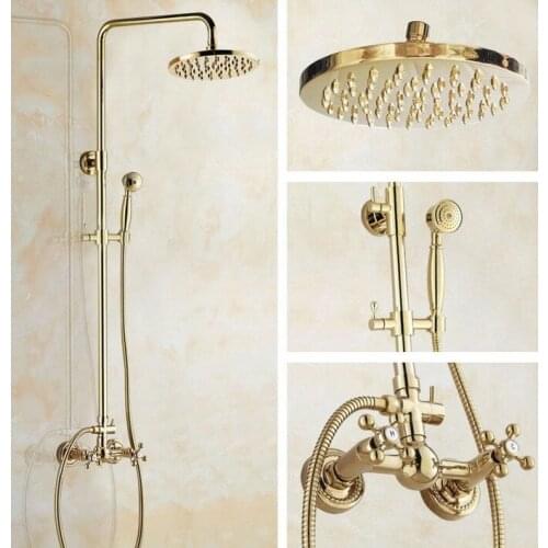 Modern Golden Brass Wall Mounted 8" Rain Bathroom Rainfall Shower Faucet Set with Hand Held Spray Shower Head Mixer Tap 2gf322