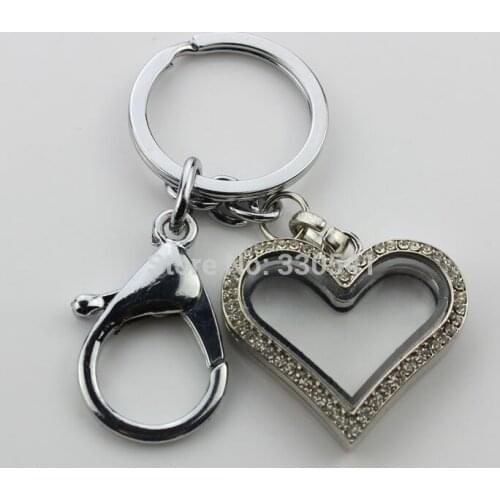 Alloy crystal rhinestone heart magnetic floating locket key rings keychains KEY036