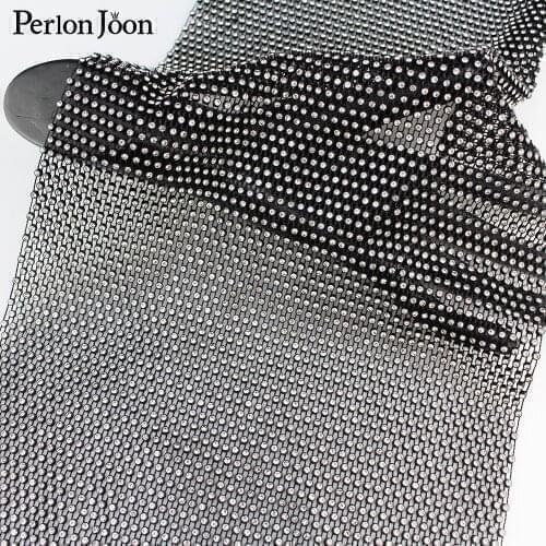 1 yard 20cm width Black Mesh Rhinestones Fabric Glitter Sewing Crystal trim stretch Applique for Dress Hollow out design NET08