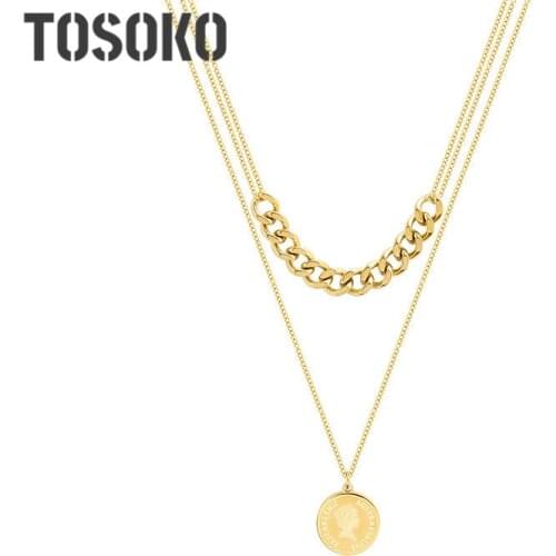 TOSOKO Stainless Steel Jewelr Hip Hop Stitching Chain Double Fold Wearing Round Card Pendant Necklace Female Sweater Chain P846