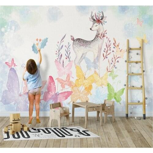 Xuesu European hand-painted pastoral style cartoon elk butterfly TV background wall professional custom 8D waterproof wallpaper