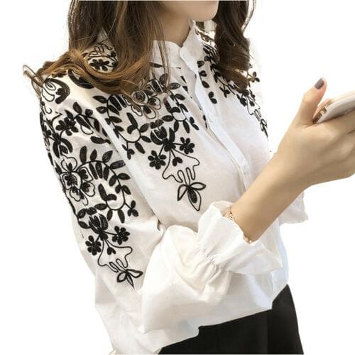 Female Women Flare Long Sleeve Sweet White Fairy Elegant Office Lady Embroidery Blouse Shirt Korean Flower Tops Fresh Shirt