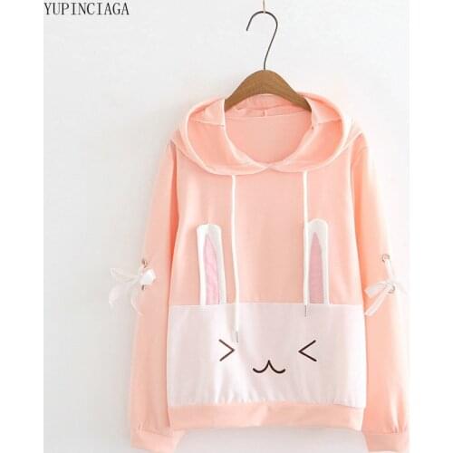 Women Kawaii Hooded Hoodies Japanese Mori womens Sweet Style Pink Rabbit Ears Long Sleeve Sweatshirts Patchwork Pullover