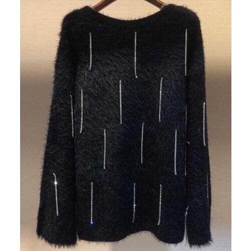 Women Winter 2021 Autumn Pullovers Long-haired Rhinestone Tassel Pullover O-Neck Flared Sleeve Sweater Sexy Nightclub