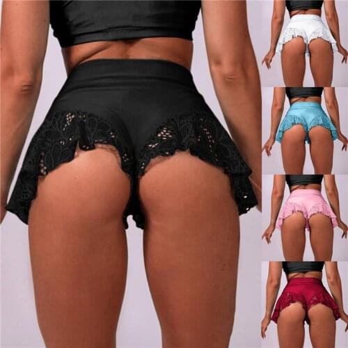 Women Sexy Black Summer Shorts Lace Patchwork High Waist Solid Color Ladies Sexy Ruffle Elastic Shorts