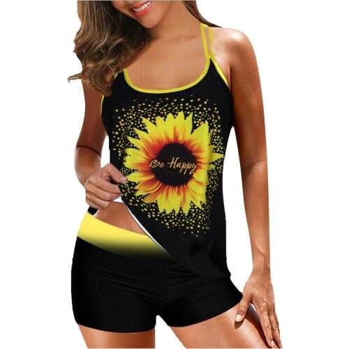 Sunflower Print Plus Size Swimwear Women Strappy Back Tankini Set Two Piece Swimdress Panty Bathing Suit Bikini 2021 Купальники
