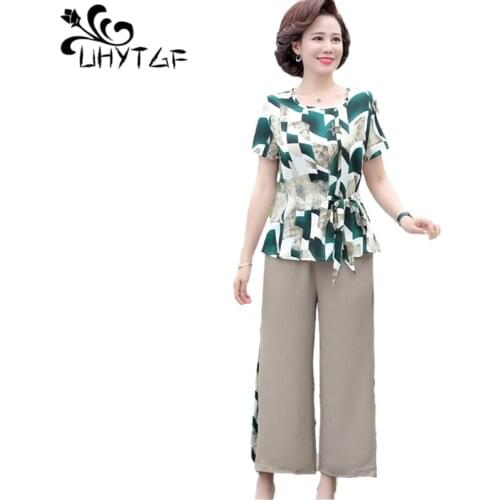 UHYTGF Women Tracksuit Summer Two-Piece Sets Short-Sleeved O Neck Pullover T-Shirt Tops+Pants Suit Female Plus Size Clothes 1370