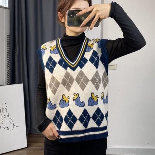 Womens waistcoat spring and autumn 2021 new fashion retro jacquard color matching sleeveless V-neck knitted pullover top