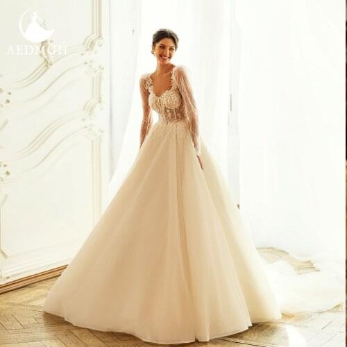 Aedmgh Gorgeous A-Line Wedding Dresses 2021 V- Neck Long Sleeve Court Train Bridal dress Beaded Sequins Lace Vestido De Novia