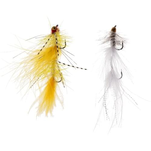 2pcs Woolly Bugger Trout Flies 2 Pack White&Yellow Woolly Buggers Fly Fishing Artificial Feather Fishing Flies