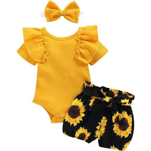 2020 Baby Kids Girl Clothes Floral T-Shirt Tops Shorts HeadbCand Outfits Sets Daily Party