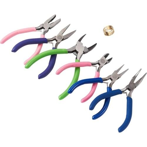 6pcs/set Carbon Steel Jewelry Pliers Flat Nose Pliers & Bent Nose Pliers & Round Nose Pliers & Side Cutting Pliers Brass Rings