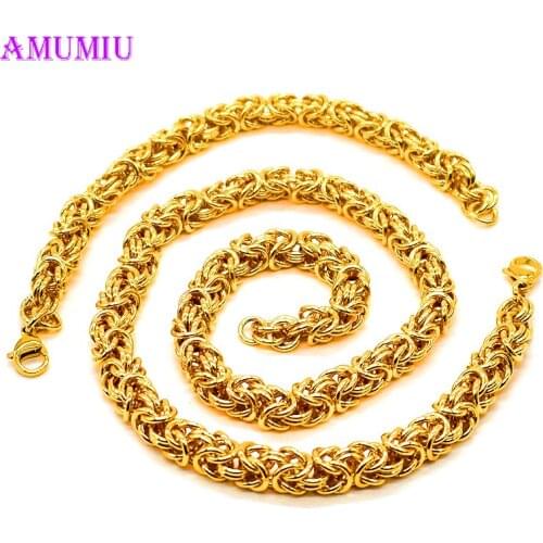 AMUMIU 7MM Width Gold Chain Link Necklace Bracelet Jewelry Set Round Circle chain Silver Color Men Women Wholesale JS105