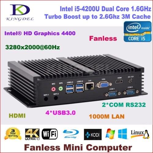 Fanless pc, htpc Windows 10 Intel Core i5 4200U dual core,HDMI, Gigabit LAN 2 COM RS232,300M WiFi,Mini desktop pc computer NC320