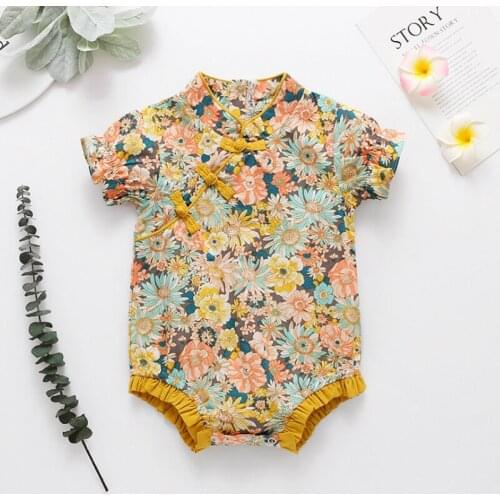 Chinese Style Summer Baby Girl Bodysuit Flower Print Single Breasted Short Sleeve Baby Girl Romper Cheongsam Baby Clothes 0-24M