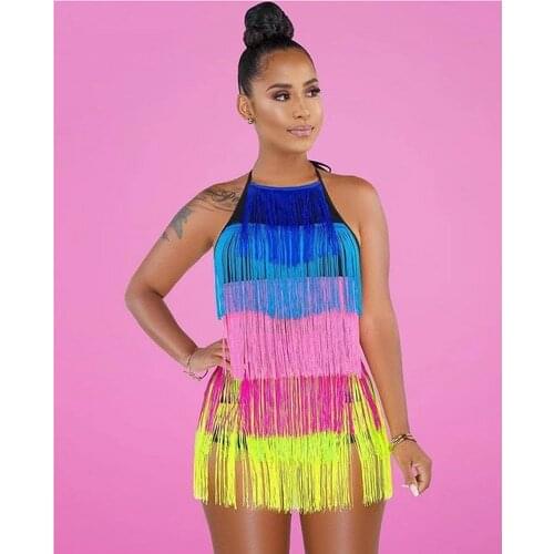 High Quality Colorful Tassel Backless Mini Rayon Bandage Bodysuit Cute Party Bodysuit