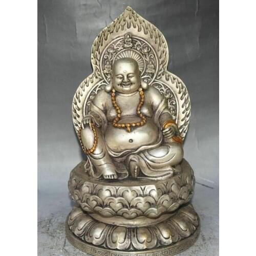 11" Old China Silver Gilt Buddhism Seat Lotus Happy Laugh Maitreya Buddha Statue