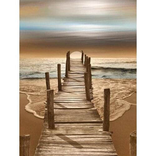 Div 5D Sunset Moon Sea Beach Ocean Wood Full Diamond Painting cross stitch kits art High Quality Scenic 3D paint by diamonds