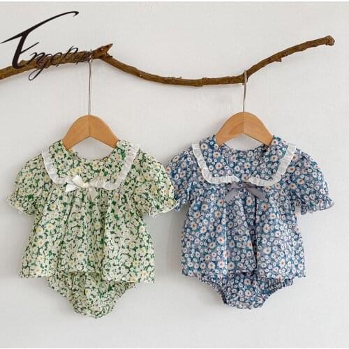 Engepapa Summer Korean Style Newborn Baby Girls Jumpsuit Short Sleeve Cotton Floral Printing Toddler Baby Girl Romper