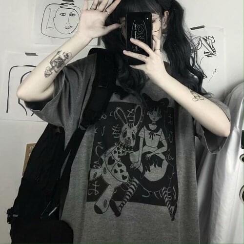 Harajuku T-Shirt Women Aesthetic Gothic Punk Cartoon T-Shirts Anime Vintage Second Element Tops Loose Oversize All-match Clothes