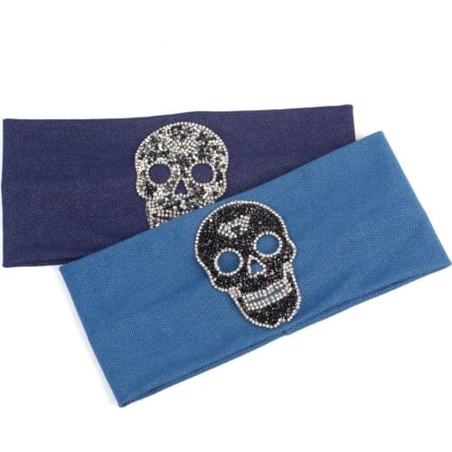 Geebro New Fashion Denim Plain Color Hairband Womens Skull Rhinestones Headband Girls Stretch Turban Casual Hair Accessories