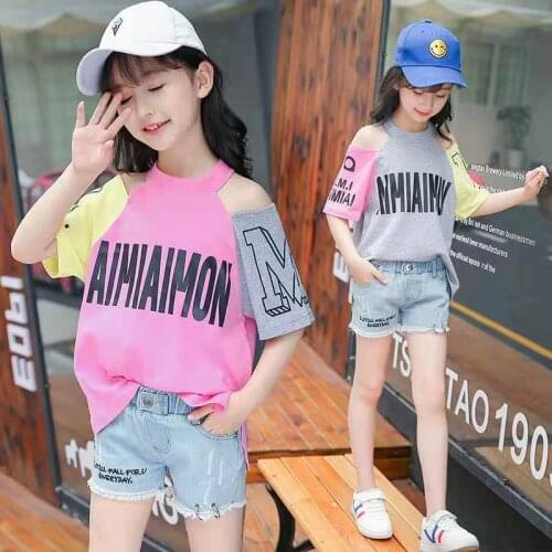 Girls' suit 2021 new Girls Teenage summer clothes Children fashion Suit Girls' Summer Denim Shorts+T-shirt girls' two piece set