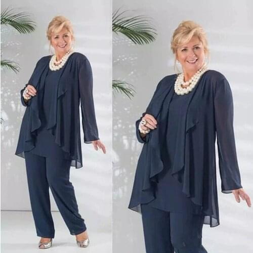 2020 Mother of the Bride Pant Suits Dark Navy Three Pieces Chiffon Long Sleeve Jacket Pants Suit Plus Size Wedding Guest Dress