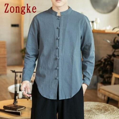 Zongke Chinese Style Solid Shirt Men Fashions Men Shirt Long Sleeve Mens Shirts Casual Slim Fit 5XL Streetwear 2021 New