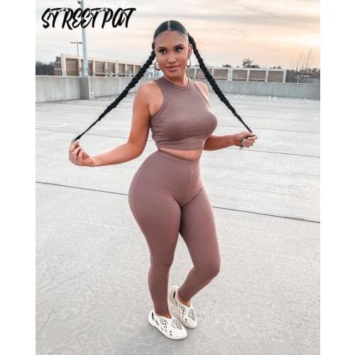 Solid 2 Two Piece Set Women Tracksuit Fitness Sleeveless Crop Top And High Waist Pants Casual Sport Outfits Sweatsuit Summer