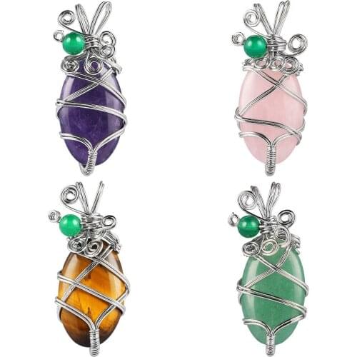 SUNYIK Handmade Wire Wrapped Oval Stone Reiki Symbol Crystal Healing Chakra Pendant with Gift Box
