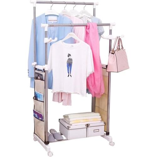 Flexible Moving Adjustable Double Pole Clothes Coat Hat Garment Dryer Rack Hanging Rail Rack with Shoe Storage Shelf DQ0065B