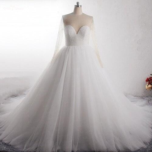 LZ397 Princess Bridal Gown Plus Size Elegant O Neck Long Sleeves Soft Tulle Ball Gown Heavy Beaded Wedding Dress