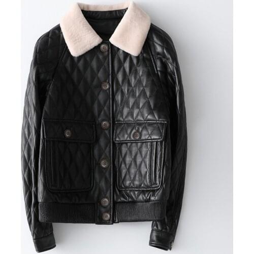 Spring Black Printed New Leather Formal Coat Autumn Women Wool Collar Short Jacket Cotton Lining