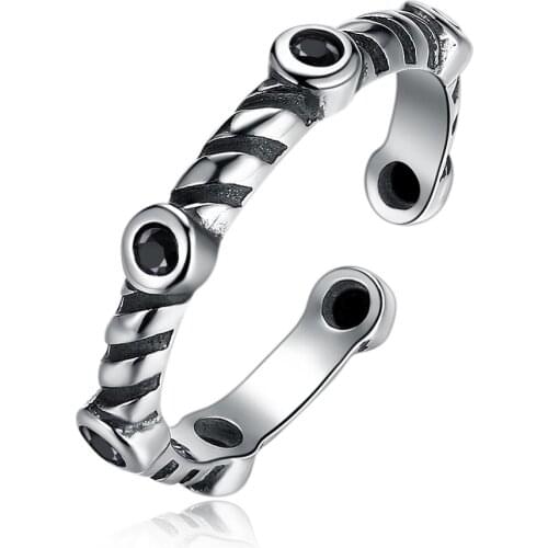 ZEMIOR 925 Sterling Silver Adjustable Design Creative Ring Black Zircon Personality Fine Jewelry Anniversary Gift For Girlfriend