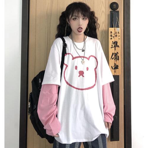 HOUZHOU Kawaii Harajuku Women Tshirt Autumn Long Sleeve Oversize Bear Print O-Neck Cute Tees Tops Loose Korean Style Streetwear