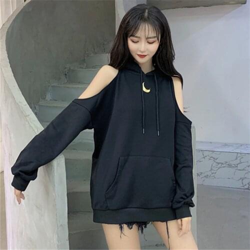 NCLAGEN Leisure Hoodies Korean Loose Casual Crescent Print Shoulder Bare Hooded Pullovers Women Streetwear Plus Size Sweatshirts