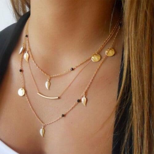 New Chain Beads Leaves Pendant Necklace Fashion Jewelry Multi Layer Necklaces For Women Collier Femme Accessories
