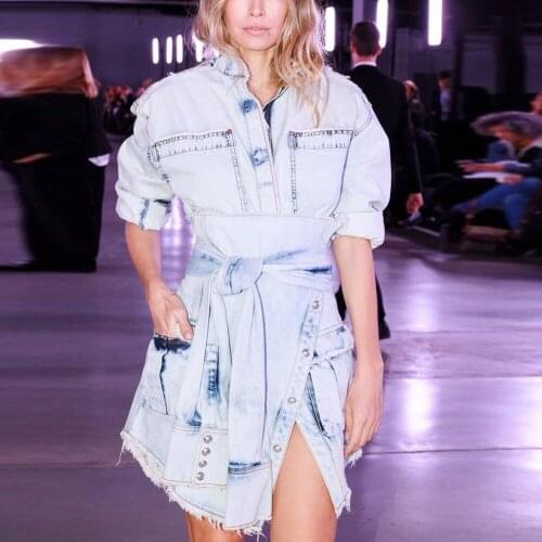 Womens Autumn Long Sleeve Denim Shirt Dress Button Jeans Mini Dresses Casual Loose Female Street Wear Denim Dress Robe Vestidos