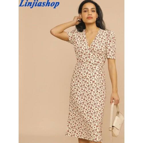 Women V-Neck Wrap Midi Dress 2021 Spring New Floral Print Puff Sleeve Side Buttons Lace-Up Waist Dresses Ladies Holiday Robe