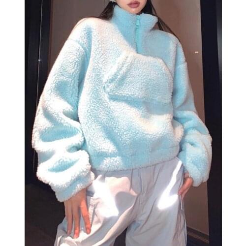 Winter 11.17 Hot Sale!!! Stand Collar Long Sleeve Lamb Fur Short Sweatshirt Hoodie Women Half Zipper Keep Warm Pullover Coat