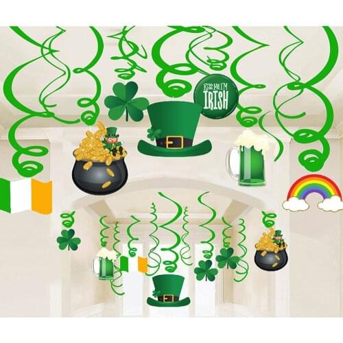 30pcs Foil Spirals Irish St Patricks Day Party Decoration Lucky Green Shamrocks Ireland Flag PVC Hanging Swirl Party Supplies