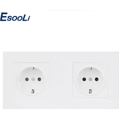 Esooli White Wall PC Panel 2 Gang Power Socket Plug Grounded, 16A EU Standard Electrical Double Outlet 172mm * 86mm