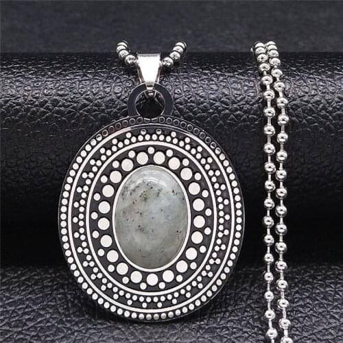 Natural Flash Stone Stainless Steel Big Long Bohemia Chain Necklaces for Women/Men Silver Color Jewelry collier femme NXS04
