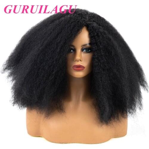 GURUILAGU Kinky Straight Curly Yaki Synthetic Wigs For Women Heat Resistant Natural Hairline Cosplay Wig Jet Black Wigs Women