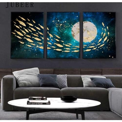 Scandinavian Style Abstract Wall Art Golden Color Fish Picture on The Wall Moon Canvas Picture for Living Room Decoration
